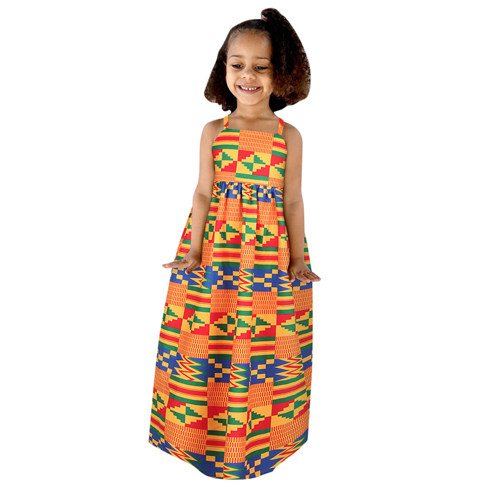 JSCDRPDWL Girls Dresses Toddler Kids Baby Girls African Dashiki Traditional Style Sleeveless Strap Dress Ankara Princess Backless Dresses Outfits 1-6Y Baby Girl Dress